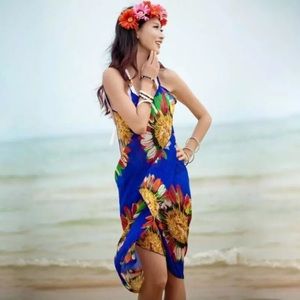 Blue Floral Sarong Wrap CoverUp Beach Summer Dress